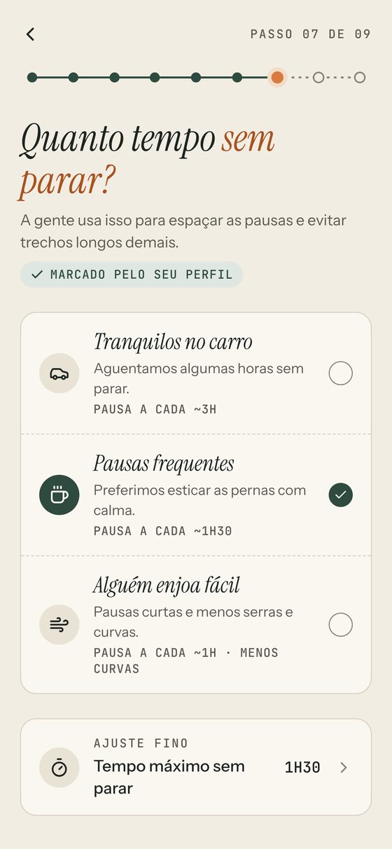 Tela de conforto com a opção Pausas frequentes selecionada