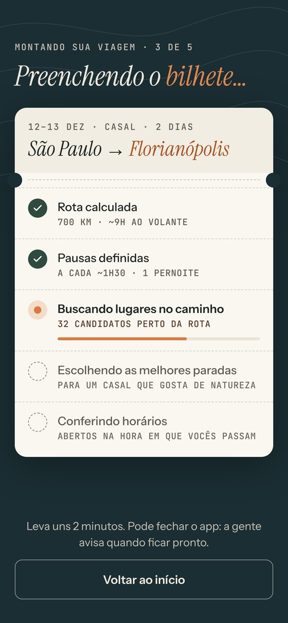 Tela montando a viagem, com etapas sendo concluídas