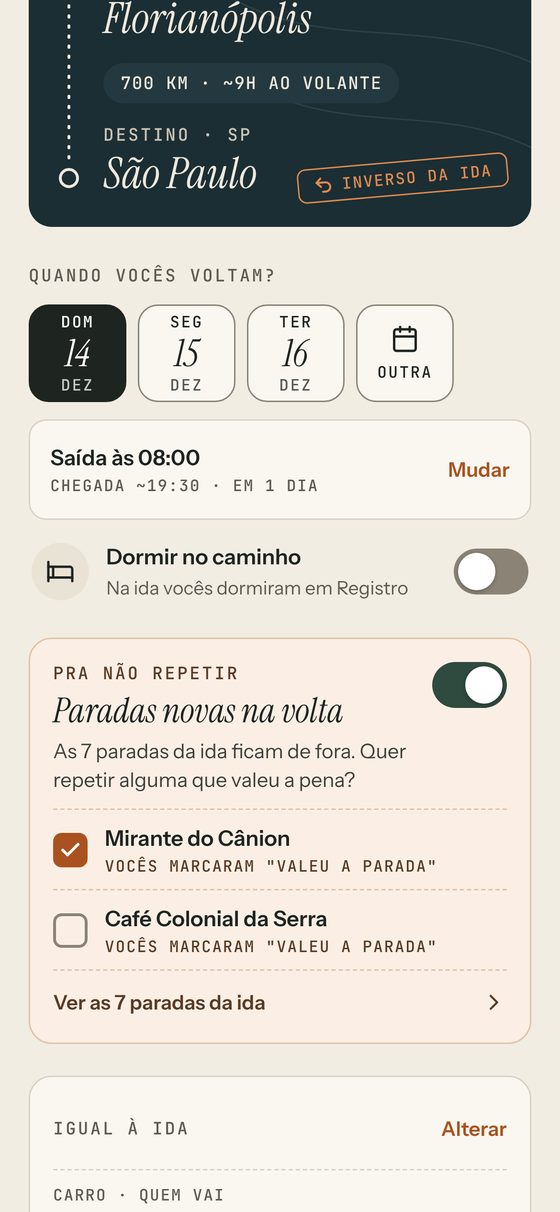 Tela Montar a volta com a opção de paradas novas ligada