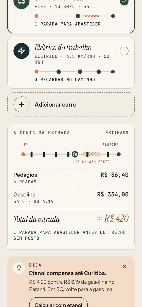 Tela com a conta da estrada: pedágios e gasolina somados